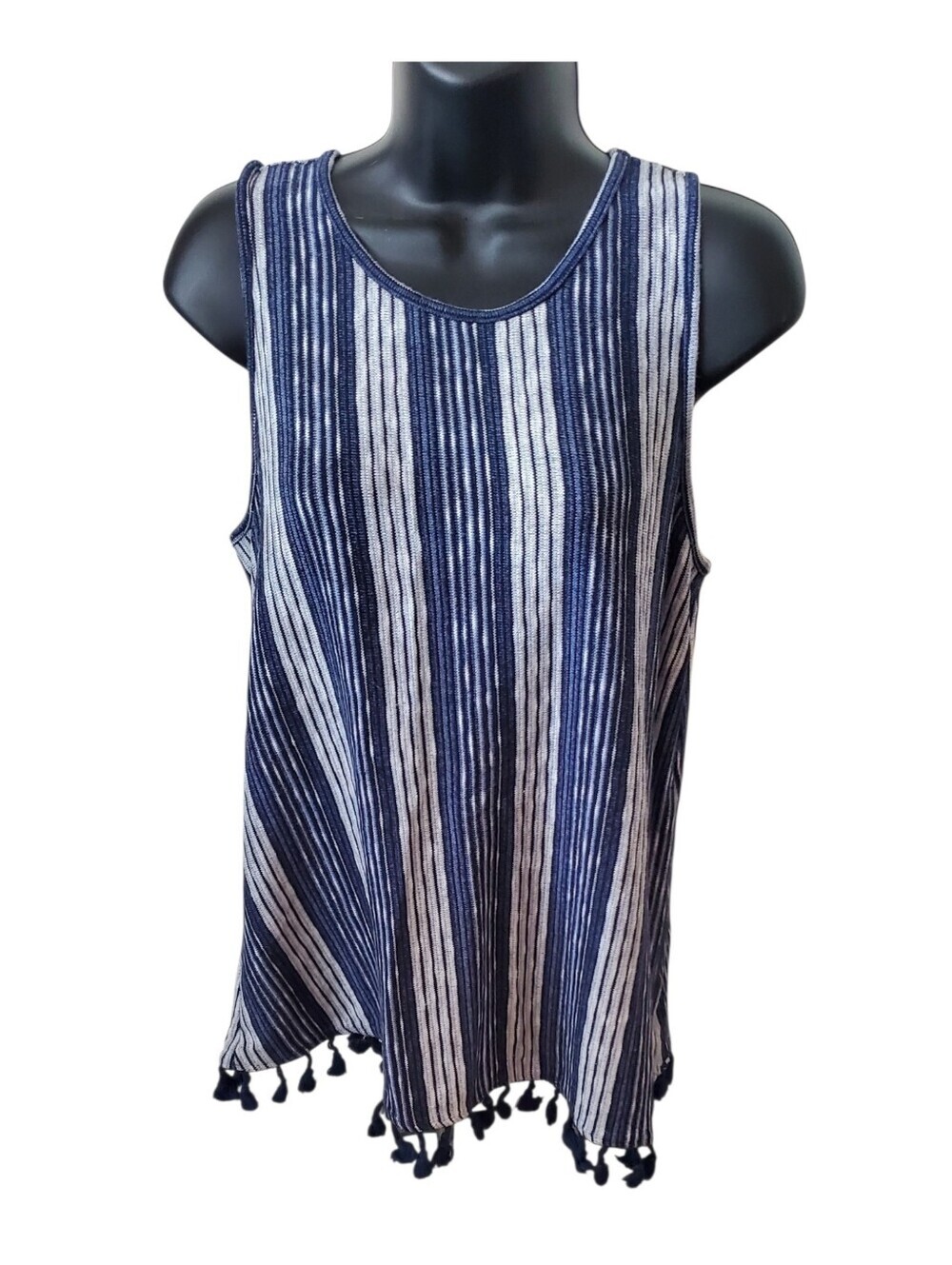 W5 Blue & White Striped Tassel Hem Sleeveless Knit Tank Top Coastal Women Size M